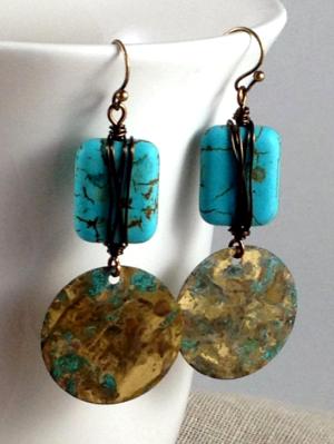 Wrapped Magnesite and Patinaed Brass Earrings