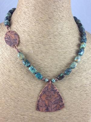 African Turquoise and Etched Copper Necklace
