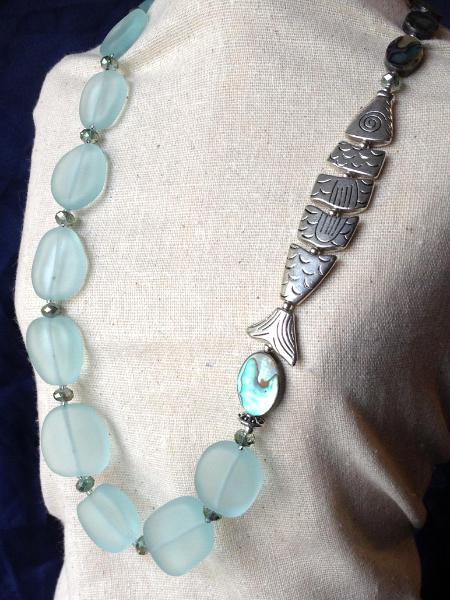 Silver Fish and Sea Glass Necklace