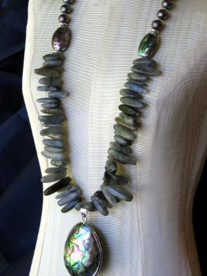 Labradorite and Pearl Necklace with Abalone Pendant