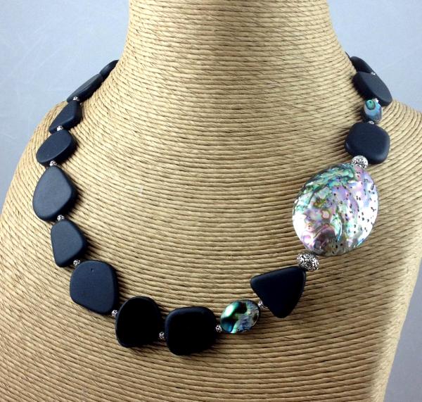 Bold Black Sea Glass and Abalone Necklace