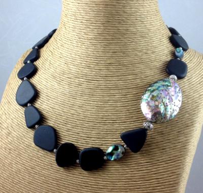Bold Black Sea Glass and Abalone Necklace