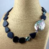 Bold Black Sea Glass and Abalone Necklace