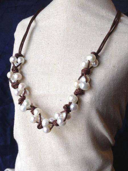 Knotted Leather and Pearl Necklace