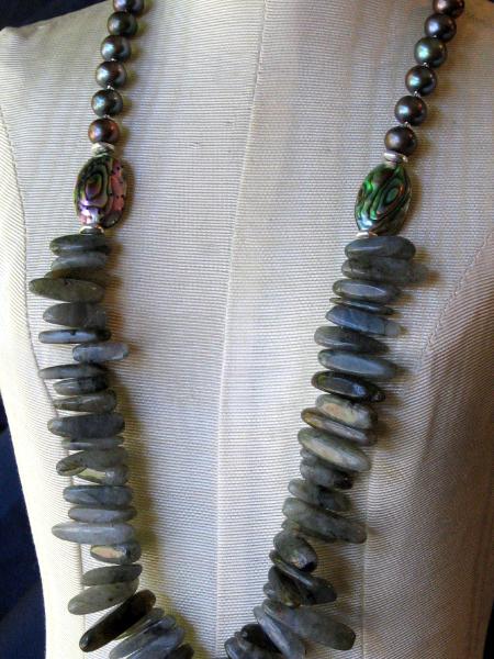 Labradorite and Pearl Necklace with Abalone Pendant